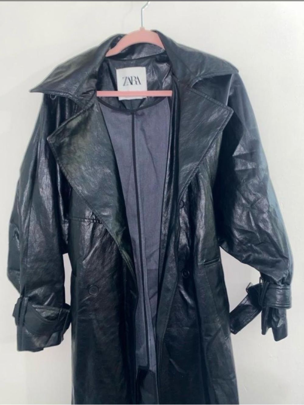Zara Black Faux Leather Trench Coat with Belted Cuffs